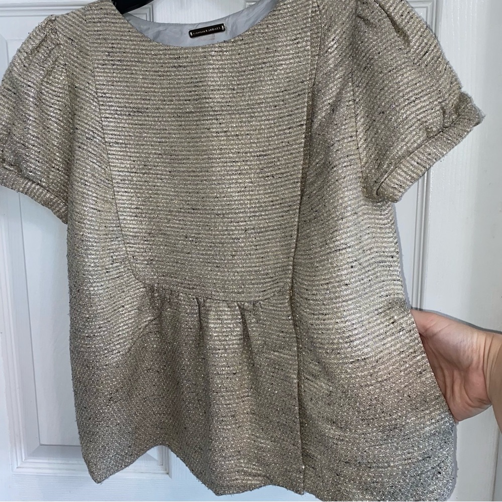 LOEFFLER RANDALL Tan Silver Metallic Puff Short Sleeve Snap Blouse - Picture 11 of 13